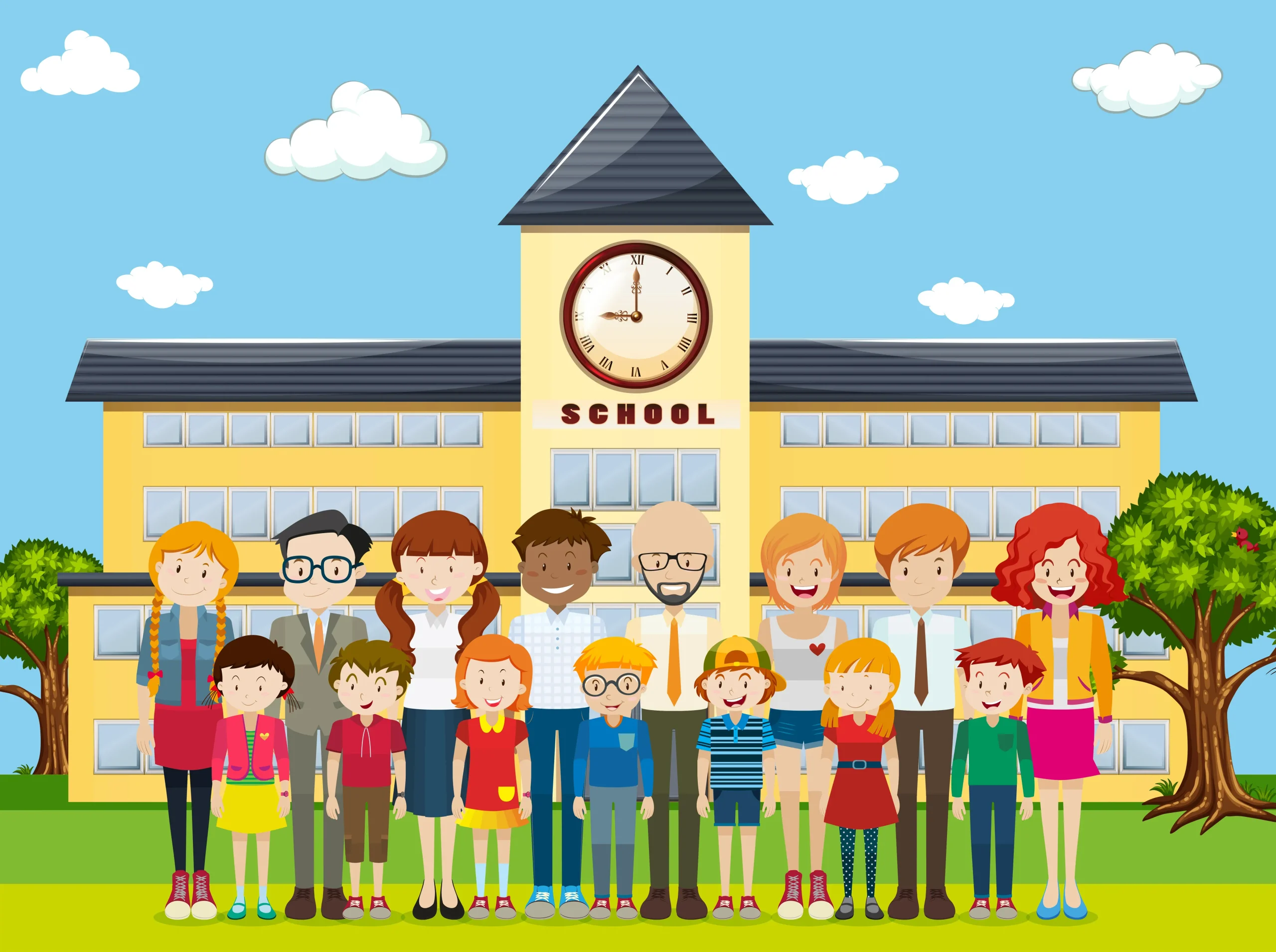 Classe scolaire devant une école prêts pour la photo